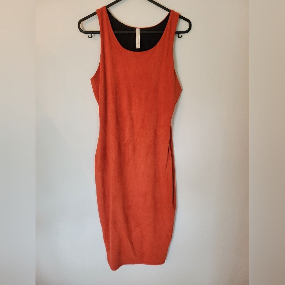 Chocolate fully lined burnt orange faux suede dress, size S